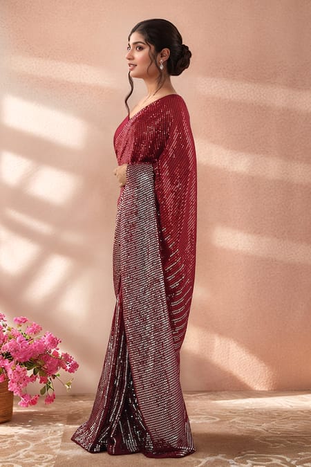 Buy_Samyukta Singhania_Red Georgette Sequins Embroidered Saree With Unstitched Blouse Piece _Online_at_Aza_Fashions