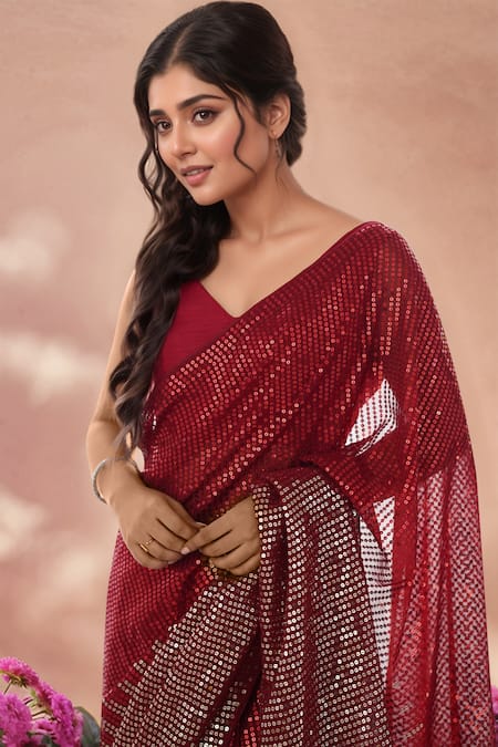Shop_Samyukta Singhania_Red Georgette Sequins Embroidered Saree With Unstitched Blouse Piece _Online_at_Aza_Fashions