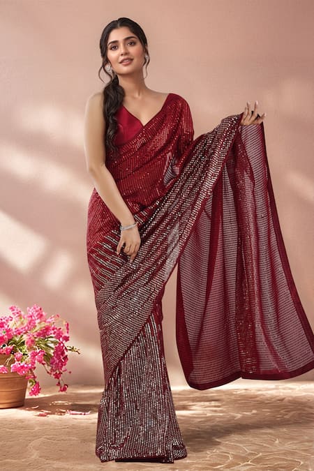Samyukta Singhania_Red Georgette Sequins Embroidered Saree With Unstitched Blouse Piece _at_Aza_Fashions