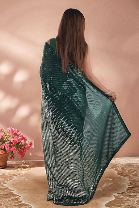 Shop Samyukta Singhania Green Georgette Sequins Embroidered Saree With Unstitched Blouse Piece at Aza Fashions Shop_Samyukta Singhania_Green Georgette Sequins Embroidered Saree With Unstitched Blouse Piece _at_Aza_Fashions