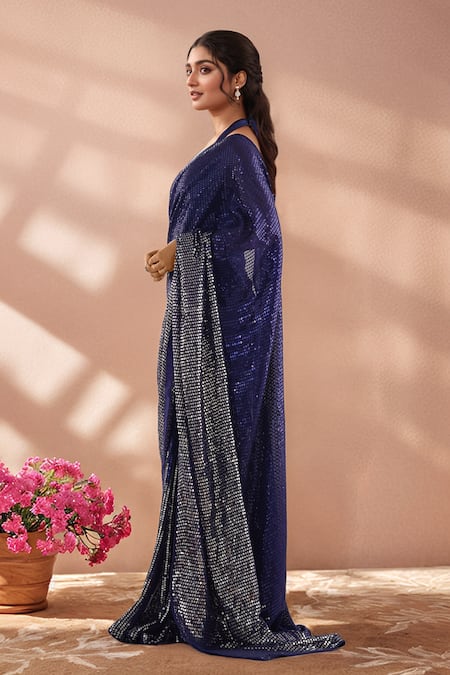 Samyukta Singhania_Blue Georgette Sequins Embroidered Saree With Unstitched Blouse Piece _Online_at_Aza_Fashions