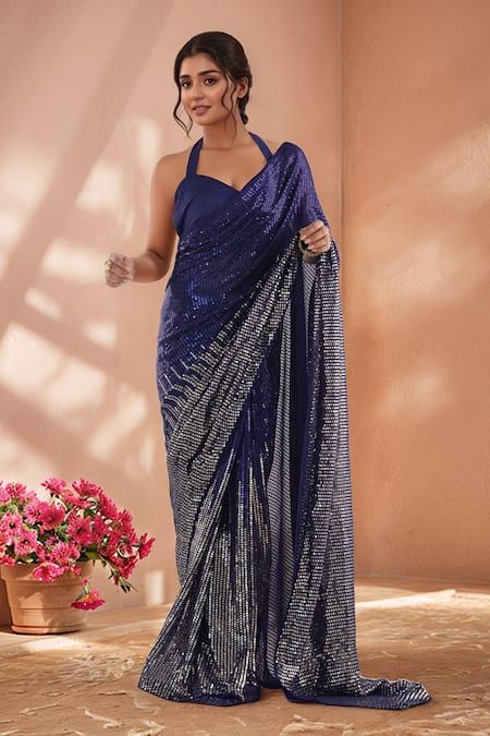 Buy_Samyukta Singhania_Blue Georgette Sequins Embroidered Saree With Unstitched Blouse Piece _Online_at_Aza_Fashions