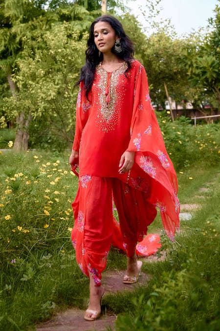 Nikasha Red Georgette Sequins, Embroidery Round Neck Dilruba Kaftan Set