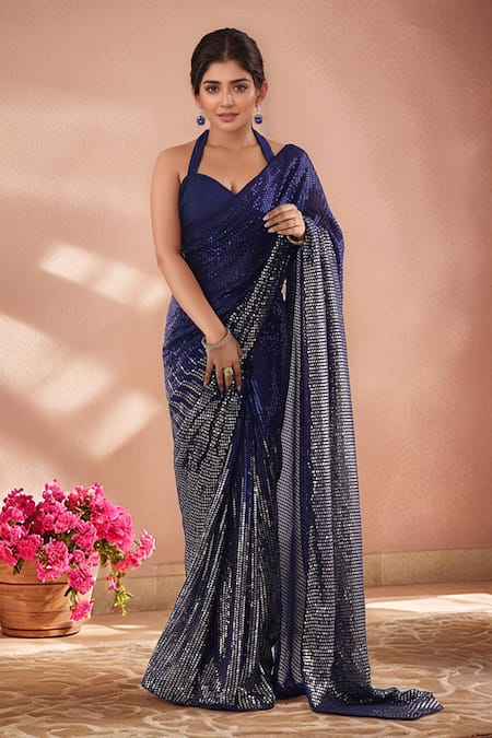 Samyukta Singhania Blue Georgette Sequins Embroidered Saree With Unstitched Blouse Piece