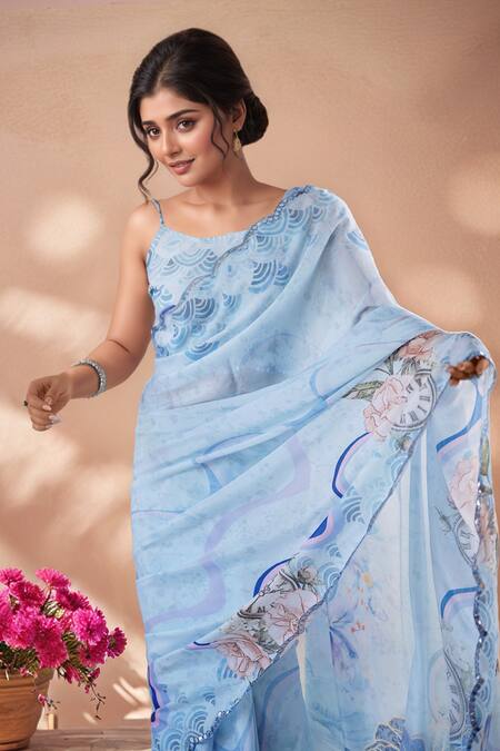 Buy Naintara Bajaj Multi Color Chinon Mirrors Border Embroidered Saree With Unstitched Blouse Piece Online at Aza Fashions Buy_Naintara Bajaj_Multi Color Chinon Mirrors Border Embroidered Saree With Unstitched Blouse Piece _Online_at_Aza_Fashions