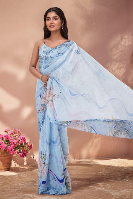 Naintara Bajaj Multi Color Chinon Mirrors Border Embroidered Saree With Unstitched Blouse Piece at Aza Fashions Naintara Bajaj_Multi Color Chinon Mirrors Border Embroidered Saree With Unstitched Blouse Piece _at_Aza_Fashions