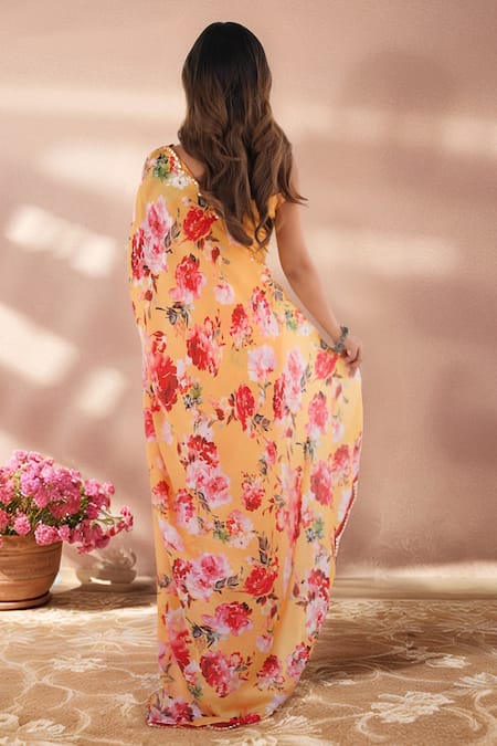 Shop Naintara Bajaj Multi Color Chinon Mirrors Border Embroidered Saree With Unstitched Blouse Piece at Aza Fashions Shop_Naintara Bajaj_Multi Color Chinon Mirrors Border Embroidered Saree With Unstitched Blouse Piece _at_Aza_Fashions