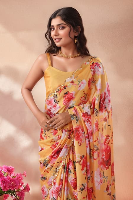 Buy Naintara Bajaj Multi Color Chinon Mirrors Border Embroidered Saree With Unstitched Blouse Piece Online at Aza Fashions Buy_Naintara Bajaj_Multi Color Chinon Mirrors Border Embroidered Saree With Unstitched Blouse Piece _Online_at_Aza_Fashions