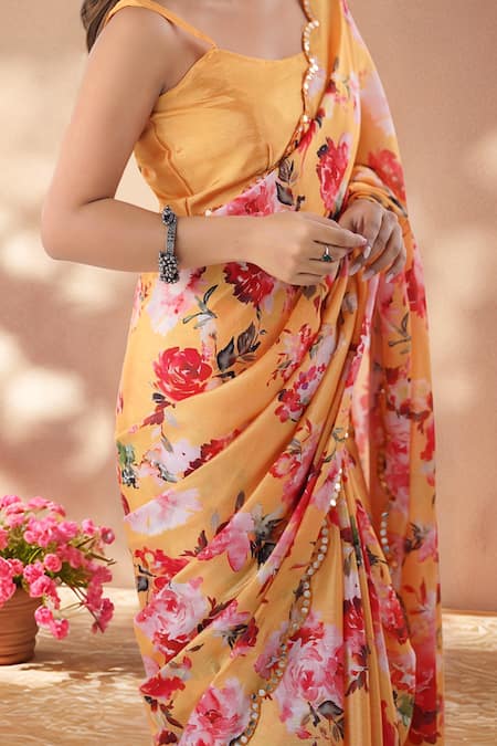 Shop Naintara Bajaj Multi Color Chinon Mirrors Border Embroidered Saree With Unstitched Blouse Piece Online at Aza Fashions Shop_Naintara Bajaj_Multi Color Chinon Mirrors Border Embroidered Saree With Unstitched Blouse Piece _Online_at_Aza_Fashions