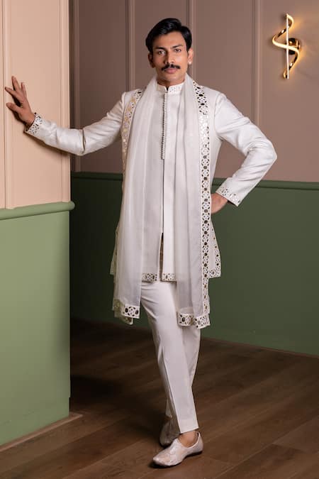 Kaaj Button Leather Work Sherwani Set 