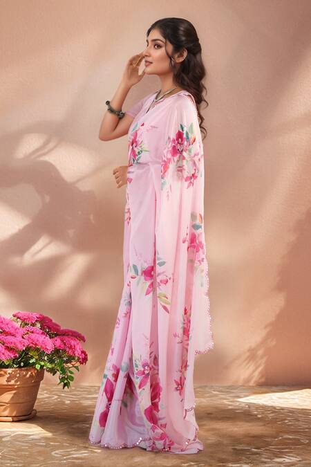 Naintara Bajaj_Pink Chinon Mirrors Printed Saree With Unstitched Blouse Piece _Online_at_Aza_Fashions