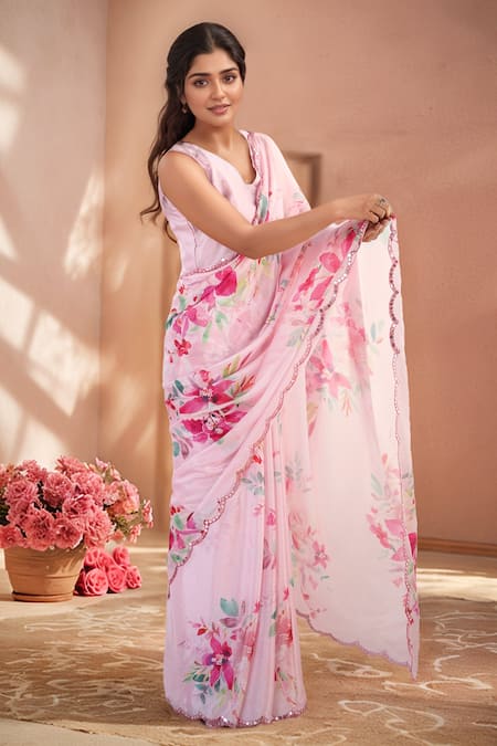 Shop_Naintara Bajaj_Pink Chinon Mirrors Printed Saree With Unstitched Blouse Piece _Online_at_Aza_Fashions