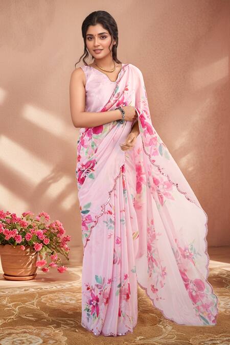Buy_Naintara Bajaj_Pink Chinon Mirrors Printed Saree With Unstitched Blouse Piece 