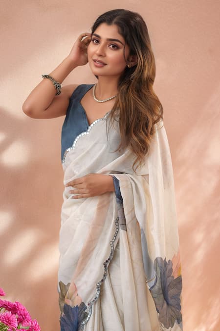 Buy_Naintara Bajaj_Off White Chinon Mirrors Printed Saree With Unstitched Blouse Piece _Online_at_Aza_Fashions