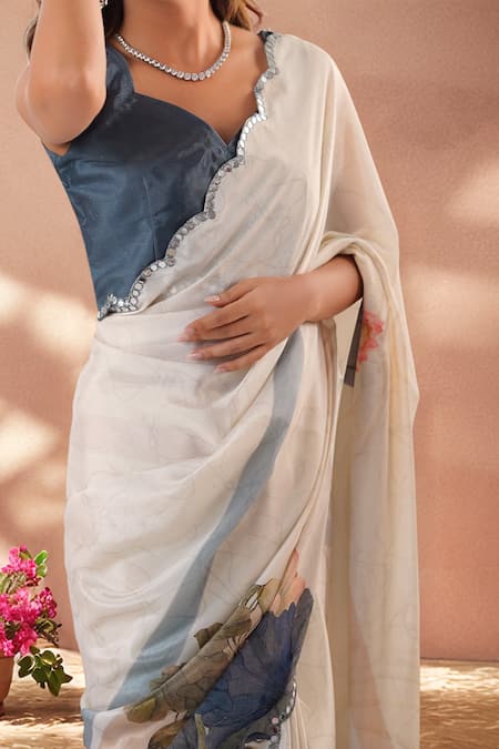 Shop_Naintara Bajaj_Off White Chinon Mirrors Printed Saree With Unstitched Blouse Piece _Online_at_Aza_Fashions