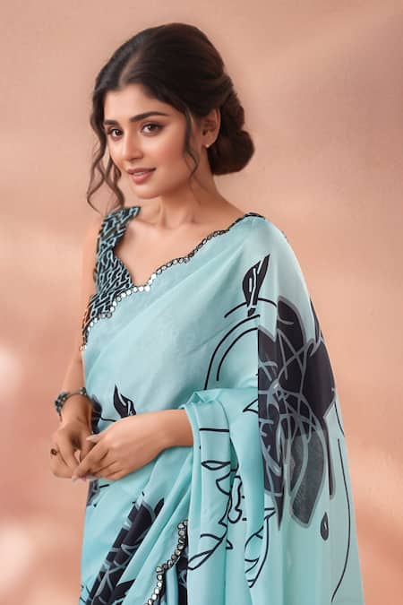 Naintara Bajaj_Blue Chinon Mirrors Printed Saree With Unstitched Blouse Piece _Online_at_Aza_Fashions
