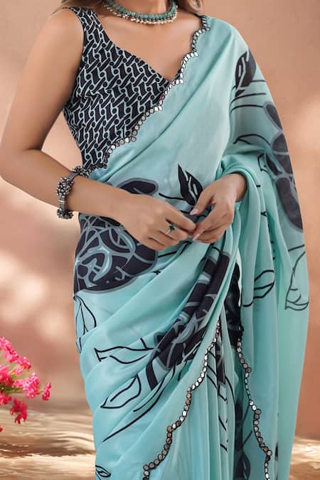 Shop_Naintara Bajaj_Blue Chinon Mirrors Printed Saree With Unstitched Blouse Piece _Online_at_Aza_Fashions