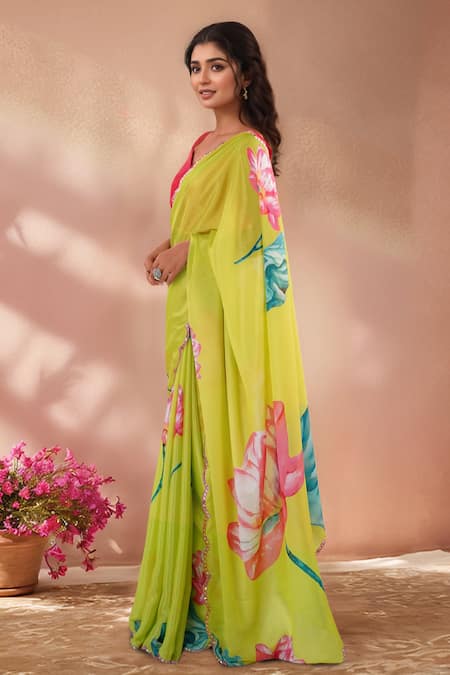 Buy_Naintara Bajaj_Green Chinon Mirrors Printed Saree With Unstitched Blouse Piece _Online_at_Aza_Fashions