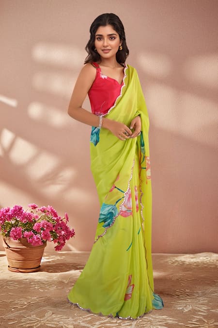 Shop_Naintara Bajaj_Green Chinon Mirrors Printed Saree With Unstitched Blouse Piece _Online_at_Aza_Fashions