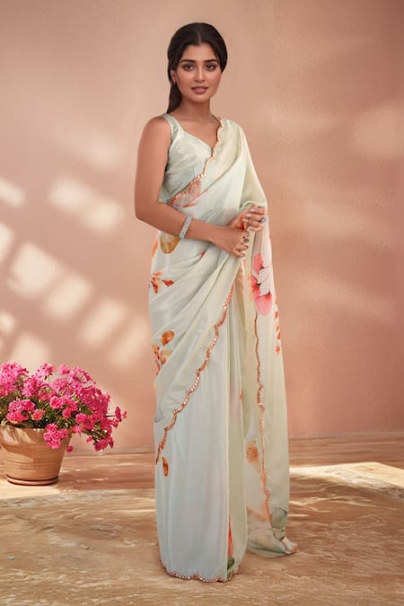 Naintara Bajaj_Multi Color Chinon Mirrors Printed Saree With Unstitched Blouse Piece _Online_at_Aza_Fashions