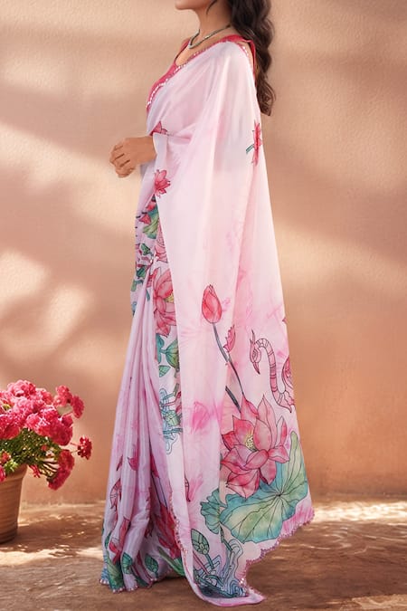 Buy_Naintara Bajaj_Pink Chinon Mirrors Printed Saree With Unstitched Blouse Piece _Online_at_Aza_Fashions