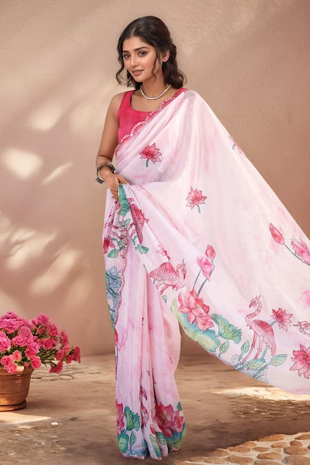 Shop_Naintara Bajaj_Pink Chinon Mirrors Printed Saree With Unstitched Blouse Piece _Online_at_Aza_Fashions