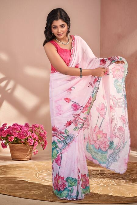 Naintara Bajaj_Pink Chinon Mirrors Printed Saree With Unstitched Blouse Piece _at_Aza_Fashions