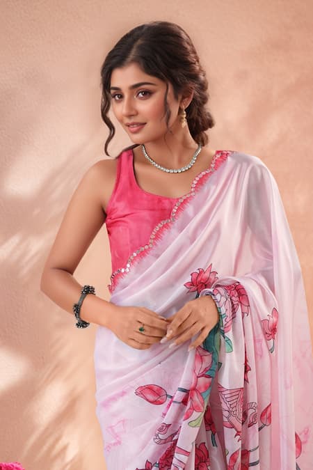 Buy_Naintara Bajaj_Pink Chinon Mirrors Printed Saree With Unstitched Blouse Piece 