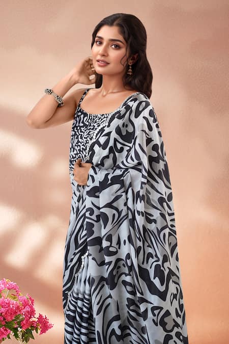 Naintara Bajaj Multi Color Chinon Mirrors Printed Saree With Unstitched Blouse Piece Online at Aza Fashions Naintara Bajaj_Multi Color Chinon Mirrors Printed Saree With Unstitched Blouse Piece _Online_at_Aza_Fashions