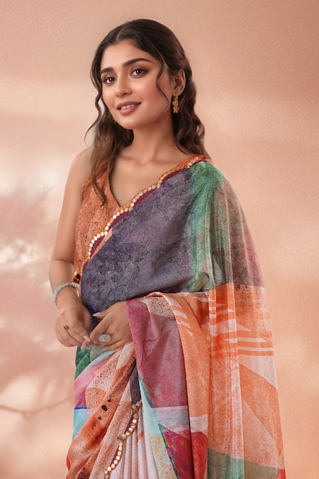 Naintara Bajaj_Multi Color Chinon Mirrors Printed Saree With Unstitched Blouse Piece _Online_at_Aza_Fashions