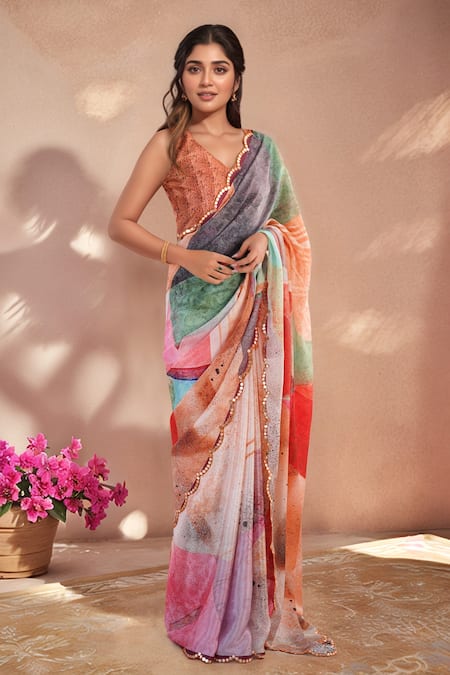 Naintara Bajaj Multi Color Chinon Mirrors Printed Saree With Unstitched Blouse Piece 