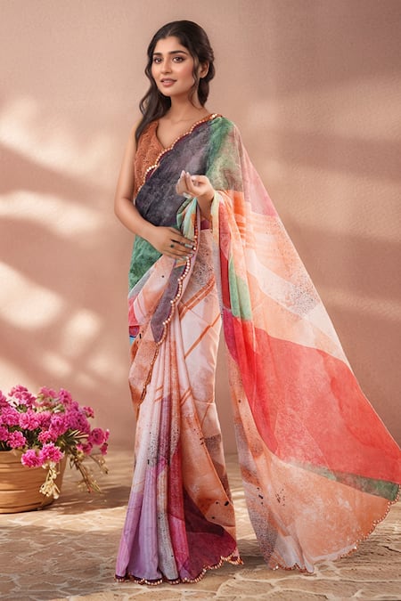 Buy_Naintara Bajaj_Multi Color Chinon Mirrors Printed Saree With Unstitched Blouse Piece _Online_at_Aza_Fashions
