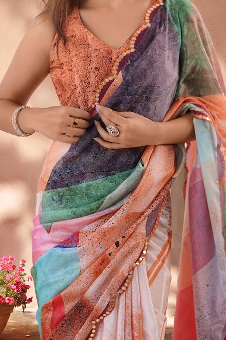 Shop_Naintara Bajaj_Multi Color Chinon Mirrors Printed Saree With Unstitched Blouse Piece _Online_at_Aza_Fashions
