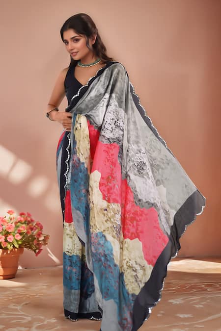 Naintara Bajaj_Multi Color Chinon Mirrors Printed Saree With Unstitched Blouse Piece _Online_at_Aza_Fashions