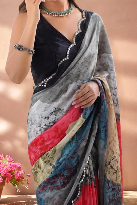 Buy_Naintara Bajaj_Multi Color Chinon Mirrors Printed Saree With Unstitched Blouse Piece _Online_at_Aza_Fashions