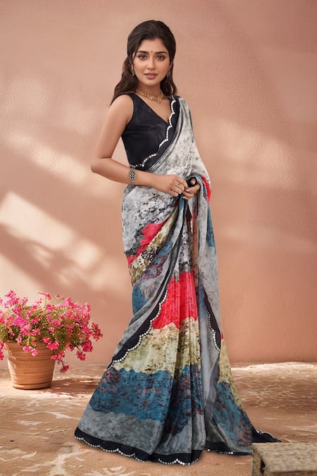 Shop_Naintara Bajaj_Multi Color Chinon Mirrors Printed Saree With Unstitched Blouse Piece _Online_at_Aza_Fashions