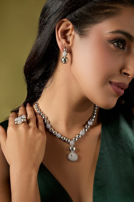 Nazaakat By Samara Singh Silver Plated Faux , And White Embellished Necklace Set