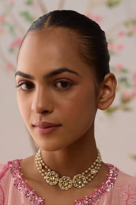 MAISARA JEWELRY_Gold Plated Pachi Kundan And Glass Pearl Choker_Online_at_Aza_Fashions