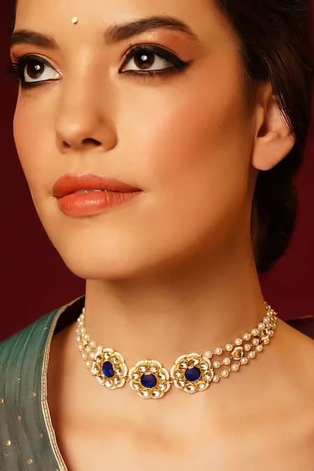 Maisara Jewelry Gold Plated Pachi Kundan And Pearl Three-tiered Choker 