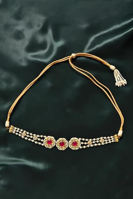 Shop MAISARA JEWELRY Red Pachi Kundan And Pearl Choker at Aza Fashions Shop_MAISARA JEWELRY_Red Pachi Kundan And Pearl Choker_at_Aza_Fashions