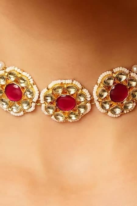 MAISARA JEWELRY Red Pachi Kundan And Pearl Choker Online at Aza Fashions MAISARA JEWELRY_Red Pachi Kundan And Pearl Choker_Online_at_Aza_Fashions
