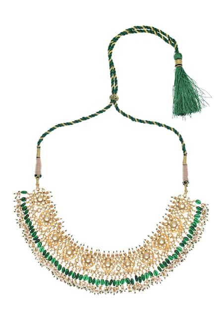 Maisara Jewelry Kundan & Green Bead Necklace & Earrings Set 