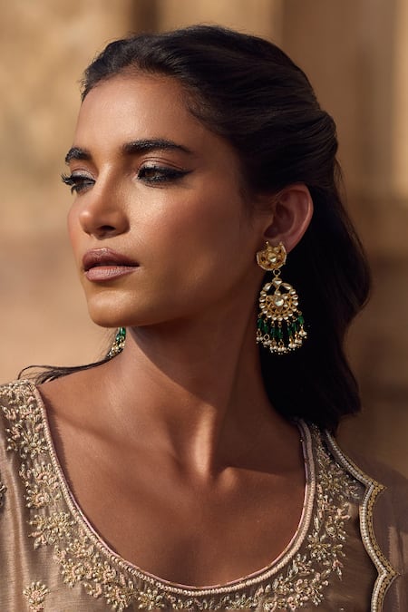 Maisara Jewelry_Green Gemstones, Beads, Pearls Kundan And Necklace & Earrings Set _Online_at_Aza_Fashions