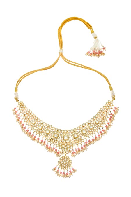 Maisara Jewelry Gold Plated Stones, Beads, Pearls Kundan And Pink Necklace Set 