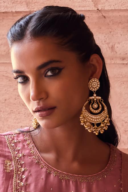 Maisara Jewelry Gold Plated Pearls, Stones, Beads Kundan Drop Chandbali Earrings 