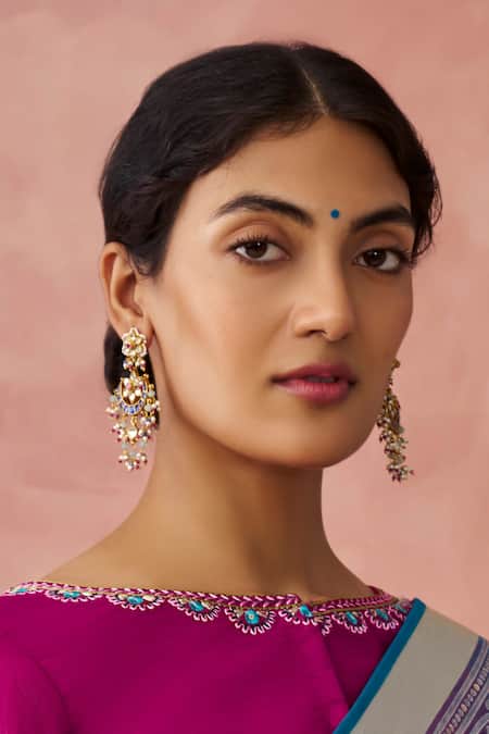 Maisara Jewelry Multi Color Gemstones, Beads, Pearls, Kundan And Beaded Crescent Drop Earrings 