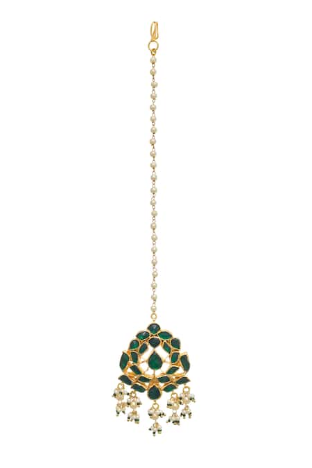 Maisara Jewelry Green Pearl And Stone Embellished Floral Maangtikka 