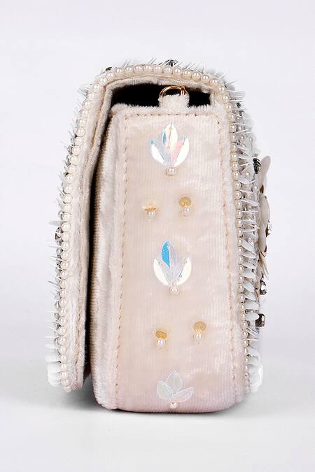 Fuchsia by aashaka mehta_Off White Sequins, Beads, Crystals, Velvet Floral And Pearl Embellished Clutch _Online_at_Aza_Fashions