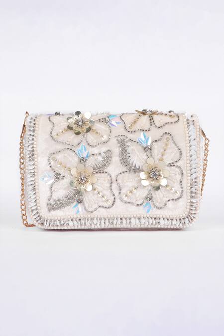 Buy_Fuchsia by aashaka mehta_Off White Sequins, Beads, Crystals, Velvet Floral And Pearl Embellished Clutch _Online_at_Aza_Fashions
