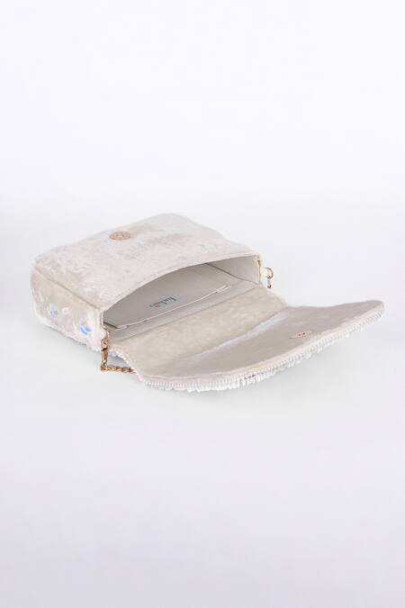 Shop_Fuchsia by aashaka mehta_Off White Sequins, Beads, Crystals, Velvet Floral And Pearl Embellished Clutch _Online_at_Aza_Fashions